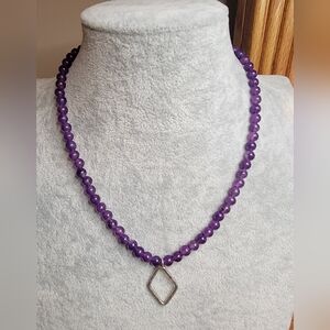 Amethyst Stone Beaded Necklace with Geometric Silver-Toned Pendant